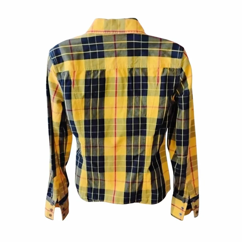 Tommy Hilfiger Y2K Yellow Plaid Flannel Shirt Small Clueless 2002 Snap Vintage - Picture 2 of 16